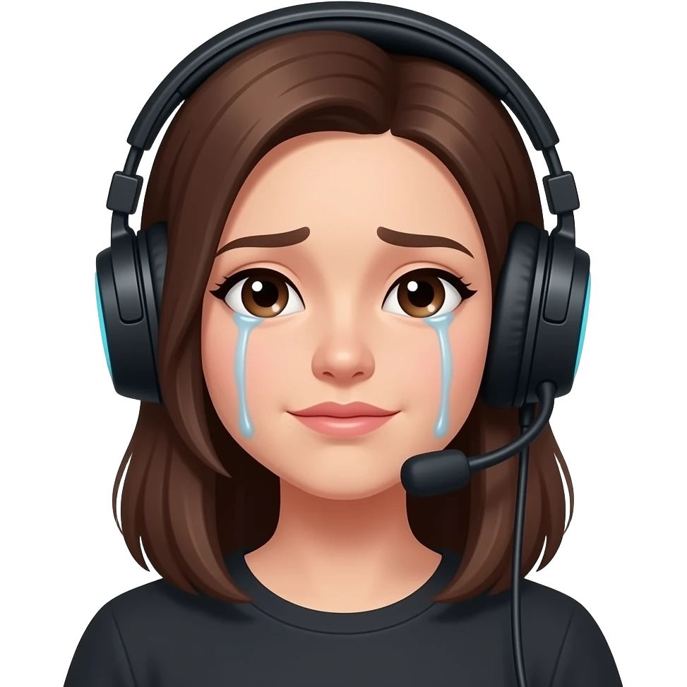 femme, brune, cheveux mi-long, casque jeux, pleure emoji