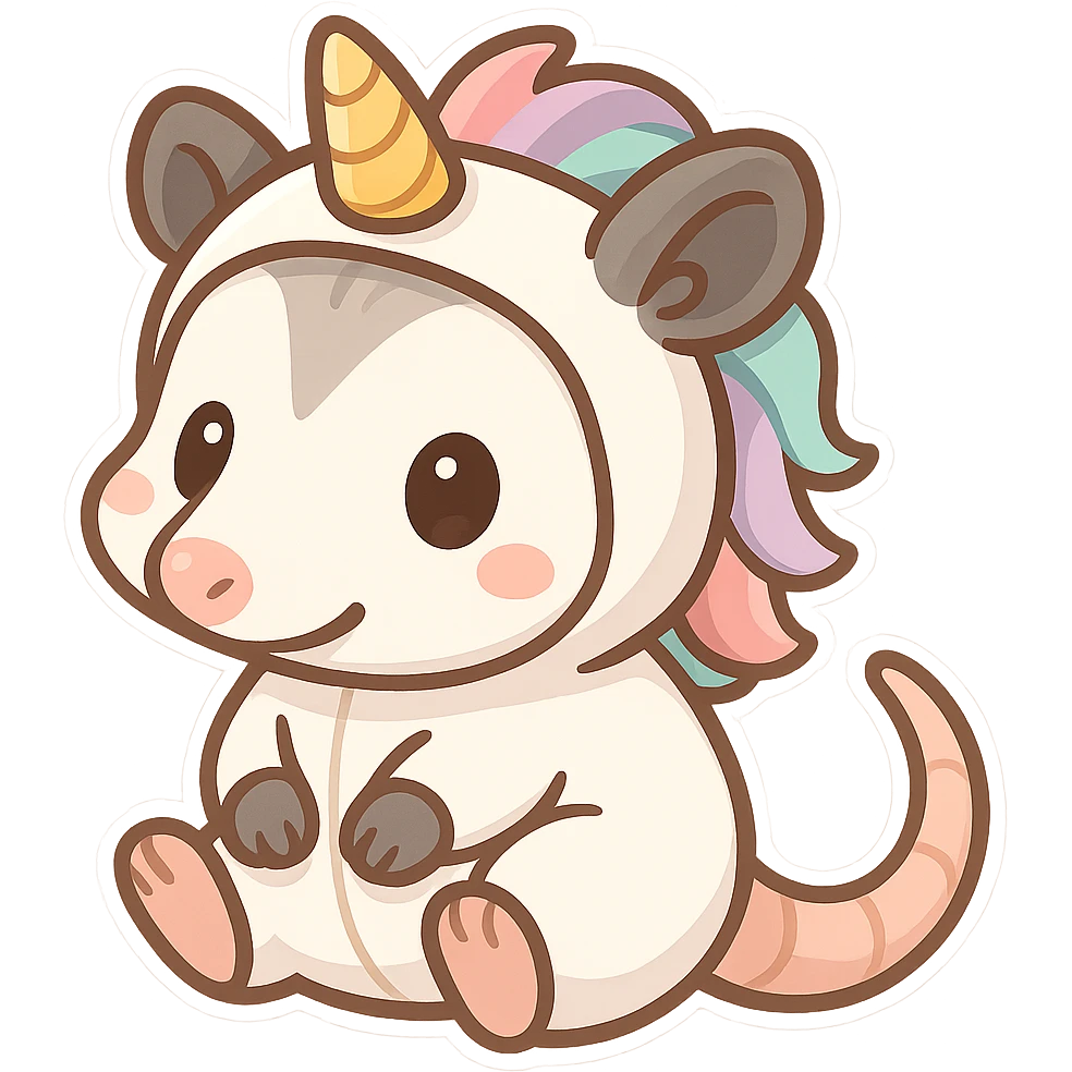cute cartoon possum dressed up like a unicorn, chibi stickers style emoji