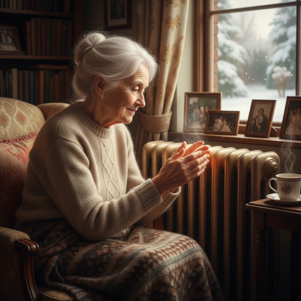 Grandma warms his hands by the heating radiator  emoji