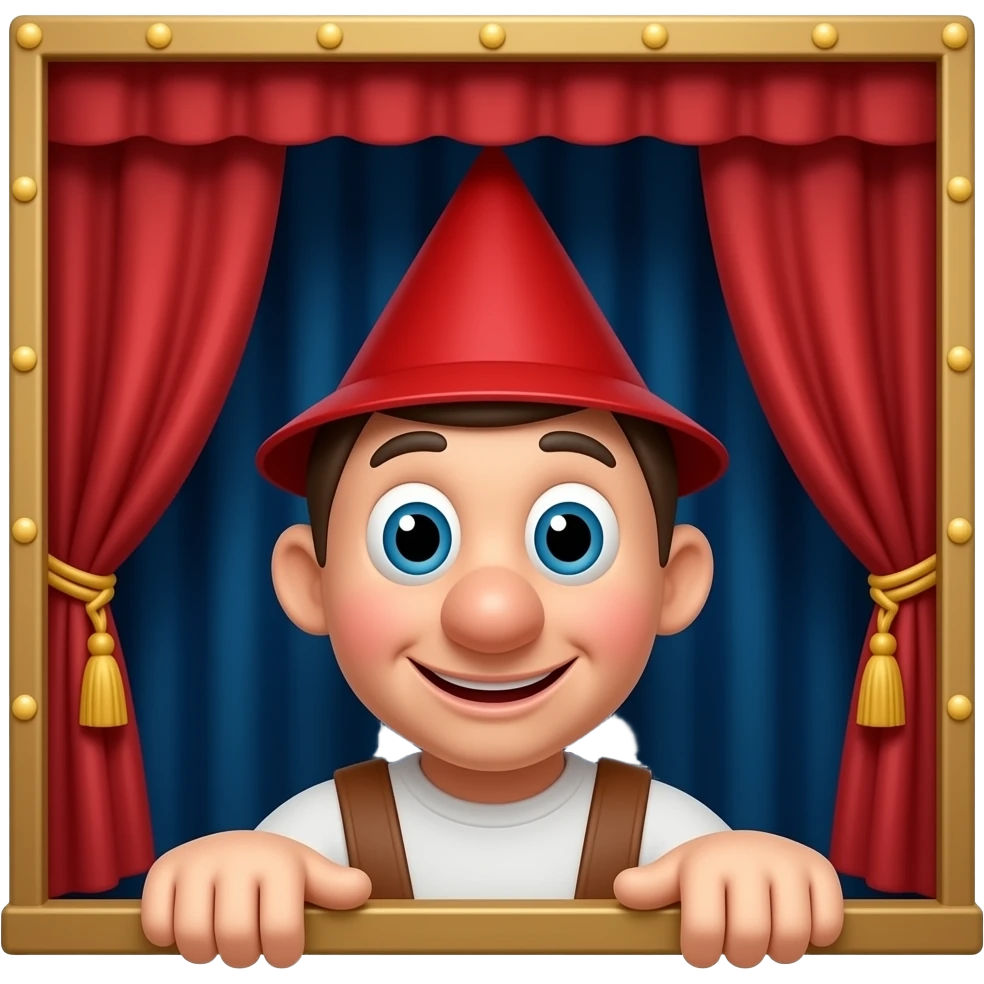 German Kasperle hand puppet, red pointed hat, big nose, puppet booth with curtains, emoji style emoji