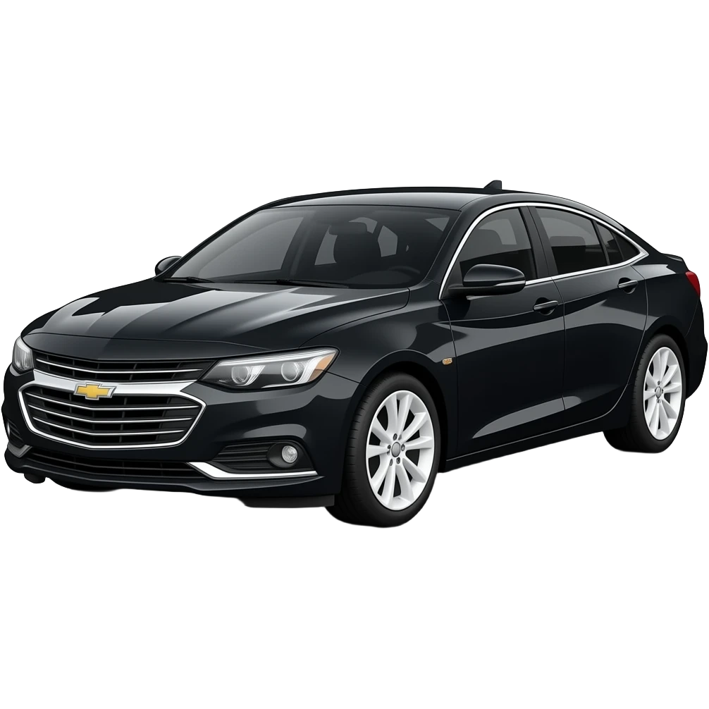 A realistic, high-detail photograph of a glossy black Chevrolet Malibu 2 Turbo Premier sedan with tinted windows, glowing white alloy rims, and bright LED headlights emitting a dinamic brighting glowing effect. emoji