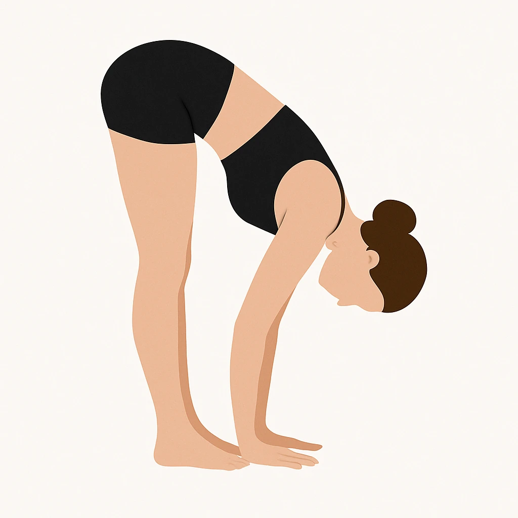 Minimalist flat vector illustration of a woman doing yoga in forward fold pose (Vrischikasana), wearing sportswear (black top and black shorts), brown hair in a bun, clean white background, no face details, elegant style emoji