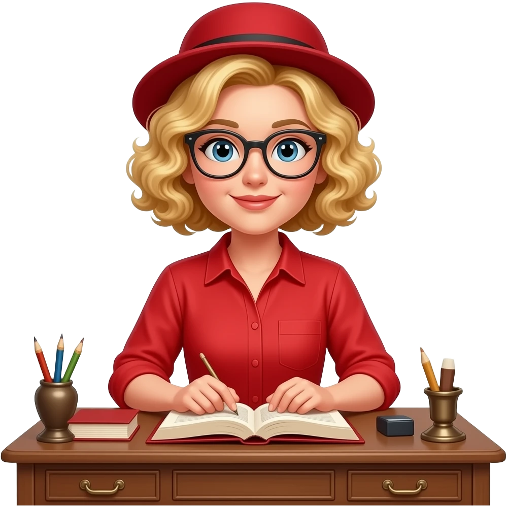 blonde tight curly hair in a bob typing a book on an antique desk typing in a red shirt wearing glassesmatching hat emoji