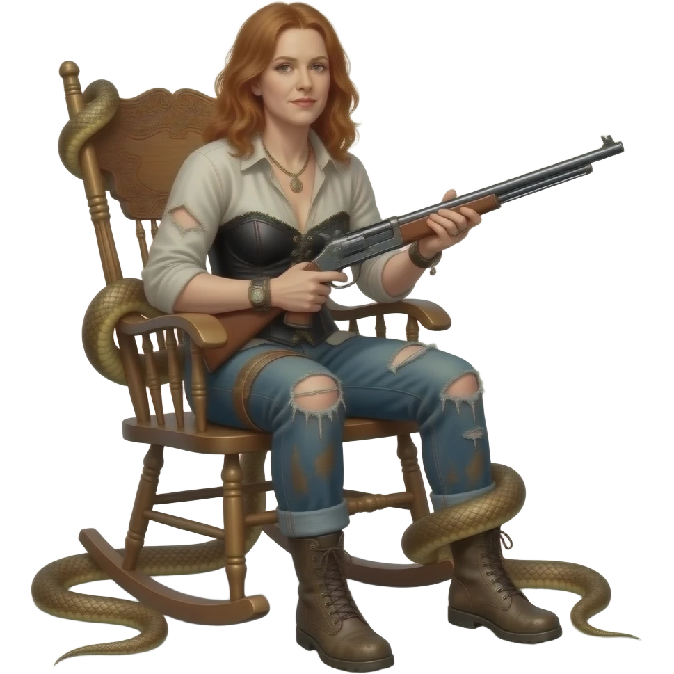 solarpunk ultra HD old and tired Tori Amos casually crouches on a rocking chair in a torn corset, holding a vintage lintlock double-barreled rifle and with muddy feet. a bronze snake wrapped itself around the chair emoji
