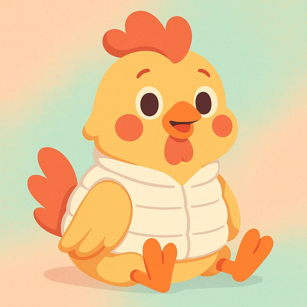 cute seated chicken wearing a white pile vest, pastel toon style emoji