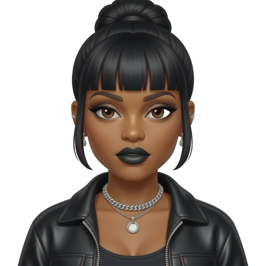 Missy Elliott with dark brown eyes, black updo bang hair, black eyeshadow and lipstick, black metallic hip-hop outfit, necklace and earrings emoji