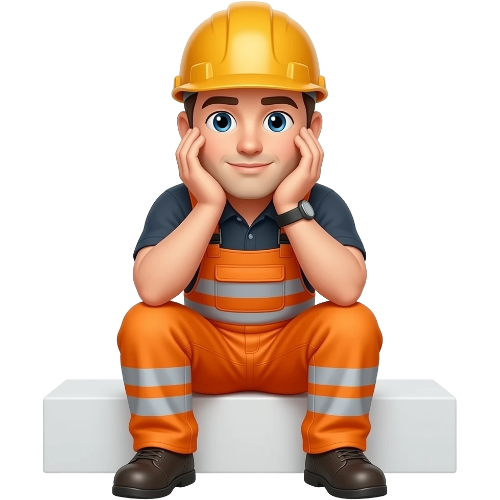 engineer sitting in full hi vis orange overalls, with head in hands emoji