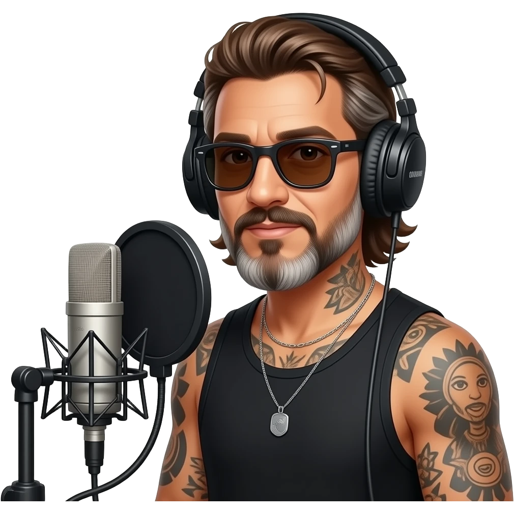 The handsome manly Latino podcast host with medium length hair, a long  slightly graying beard and tattoos with his ears pierced and a nose ring on the right side, dark brown eyes, dark sunglasses, recording an episode emoji