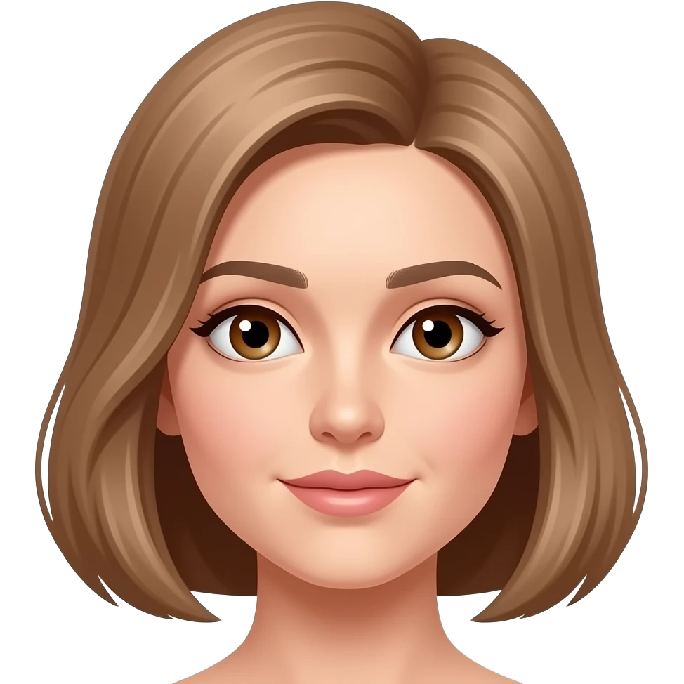 femme cheveux chatains clairs au carré, raie sur le côté droit, yeux marrons, lèvres fines emoji