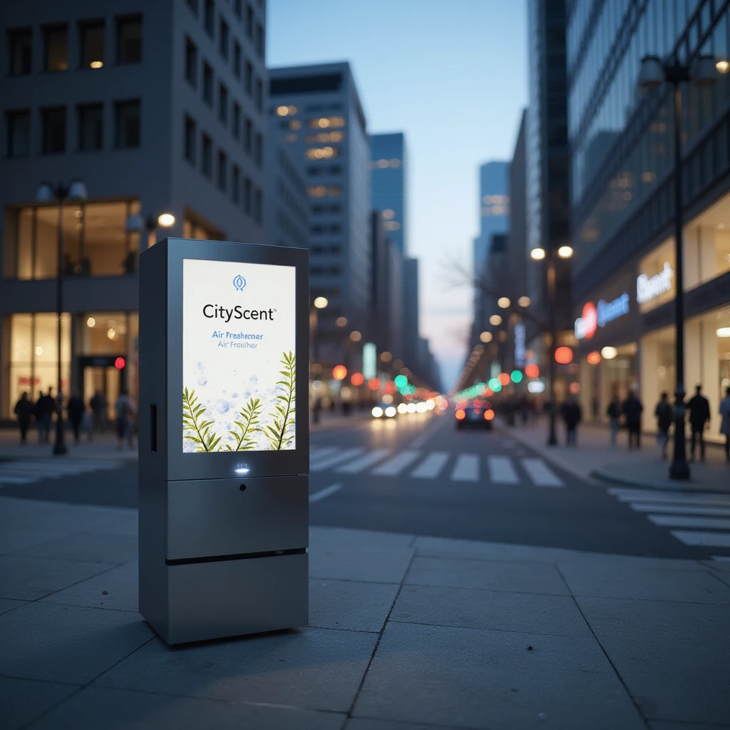 realistic illustration of the CityScent air freshener machine placed prominently in the center of a modern city, evening setting, city lights, calm urban atmosphere, no people, focus on the machine emoji