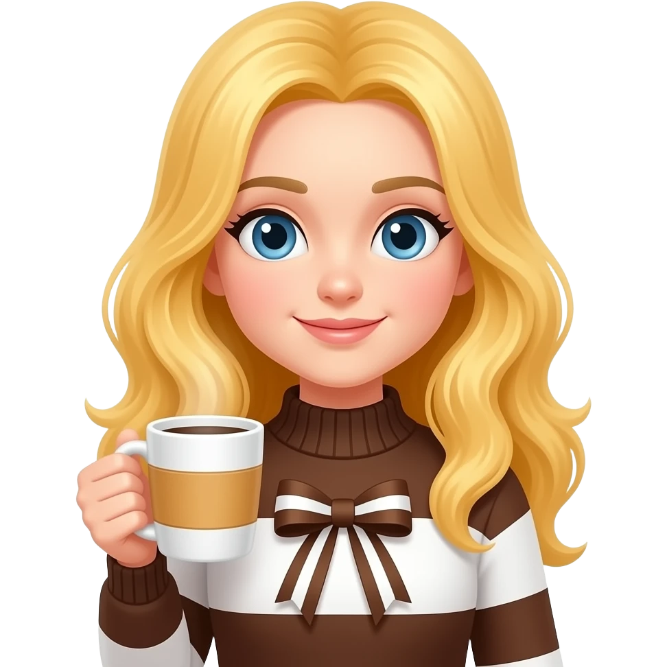 kız elinde kahve var sarı saçlı üstünde Kahverengi ve beyaz biri kazak var üstünde Kahverengi ve beyaz kurdele var emoji