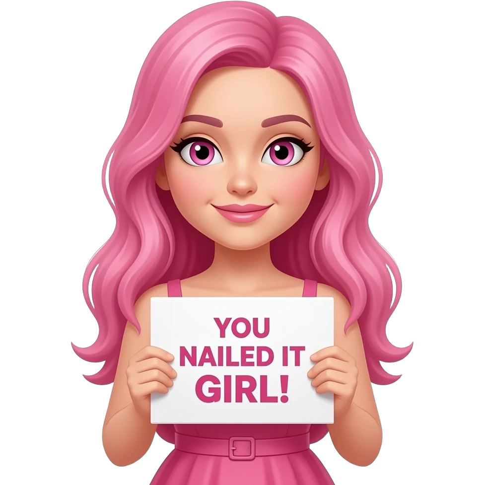 sexy girl with long pink hair and pink eyes wearing a dress holding a YOU NAILED IT GIRL! sign emoji