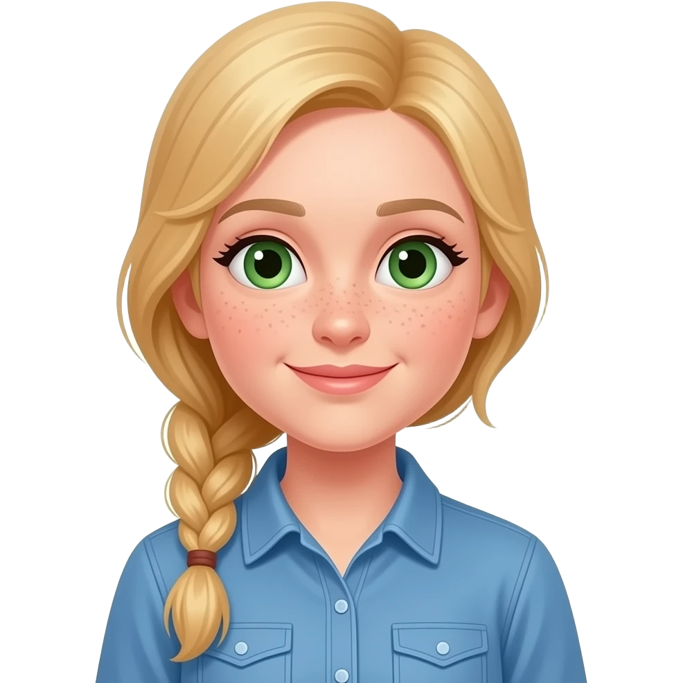 white girl green eyes blonde hair freckles farm boots and blue shirt no braid emoji