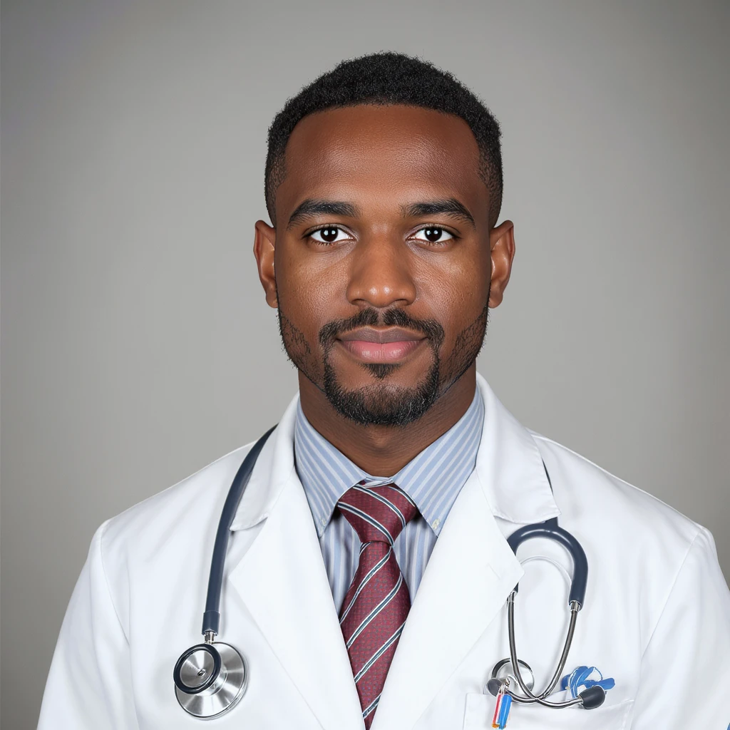 realistic doctor, diverse ethnicity, white coat, stethoscope, neutral background emoji