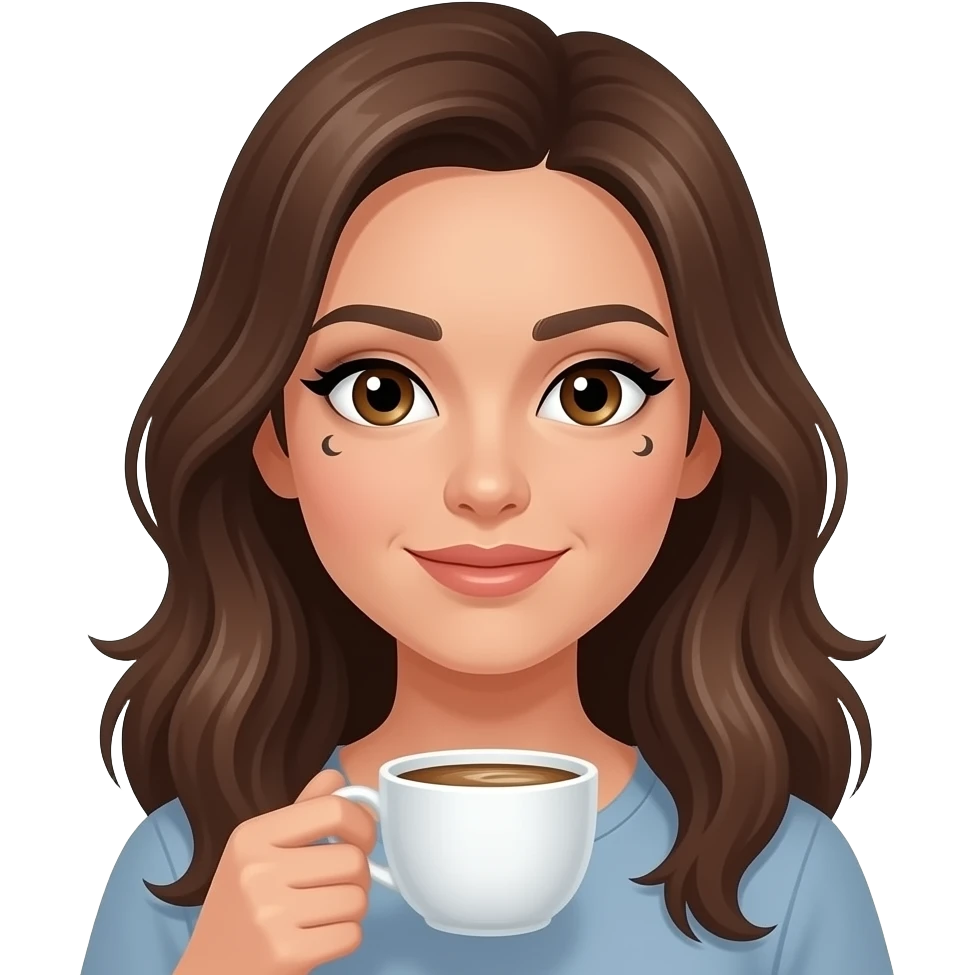 chica de piel blanca, morena de pelo, con el pelo suelto pero que se le vea bien la cara  y que tenga unos parches de contorno de ojos en forma de media luna que se colocan bajo los ojos, sobre las ojeras negros puestos en la cara y que esté sujetando una taza de cafe emoji