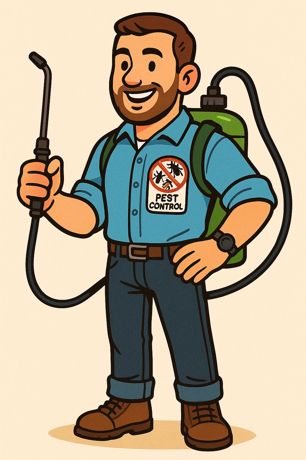 A friendly male pest control technician with short beard and short hair, wearing a light blue uniform shirt with rolled-up sleeves, dark jeans, brown boots, and a black wristwatch. He has a patch on his chest with a colorful anti-pest logo (insects crossed out) and the words 'PEST CONTROL'. He carries a green fumigation tank on his back with a black hose and holds the spray wand in one hand. He has a confident and approachable expression. The illustration should use bold outlines, warm colors, and clean, flat shading style. The background should be simple or light beige, in a vibrant toon style. emoji