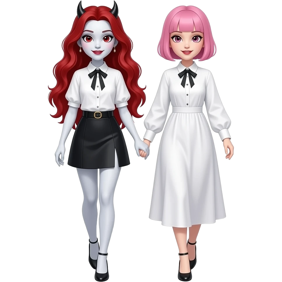 Vampiro femmina ADOLESCENTE con pelle bianca e capelli rossi raccolti in mezza cosa indossa una gonna corta e una camicetta bianca con i tacchi neri e cammina con la sua amica VAMPIRA con i capelli corti rose e la frangia e con una camicetta abbinata lunga che fa' da vestito emoji