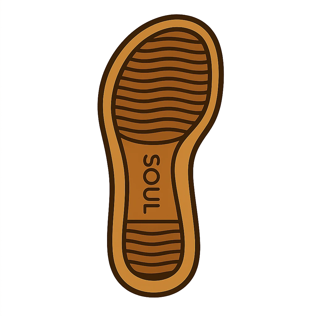 Create an emoji style illustration of a sandal sole, matching the angle and tread pattern of the reference image, viewed directly from the bottom, classic emoji look. emoji