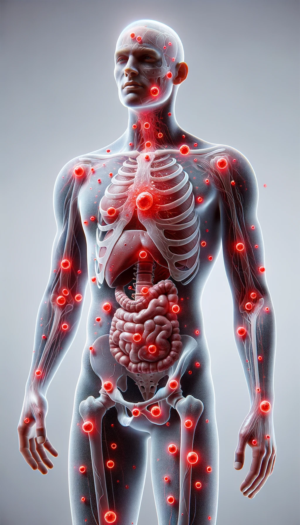 CORPO UMANO ANATOMICO CON RED SPOT DI INFIAMMAZIONE SPARSI SUL CORPO, SFONDO CHIARO, iperrealistico 4k emoji