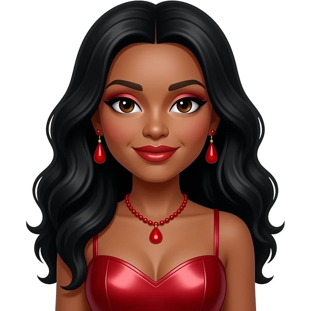 Dawn Robinson from En Vogue with dark brown eyes, long black hair, red eyeshadow and lipstick, red metallic sweetheart dress, red necklace and earrings emoji