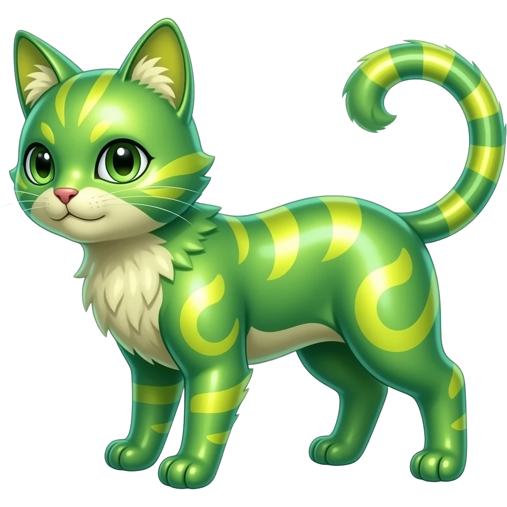 Shiny Iridescent Smooth Soft Glossy Green and Yellow Electrike-Lucretia-Luxray-Sprigatito-Bobcat-Amaura-Aurorus-Shiny-glorp-cat-fusion (full body) emoji