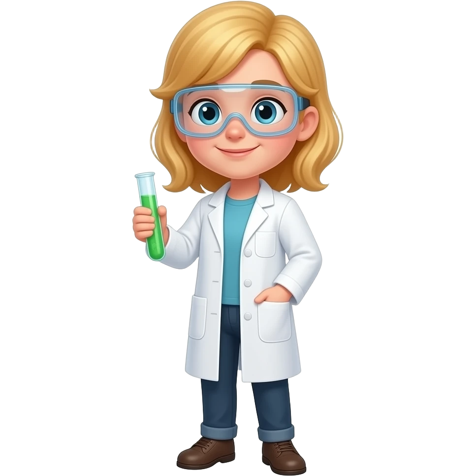 10 YEAR OLD BLOND  SCIENTIST GIRL STANDING   HOLDING A TEST TUBEWHOLE BODY emoji