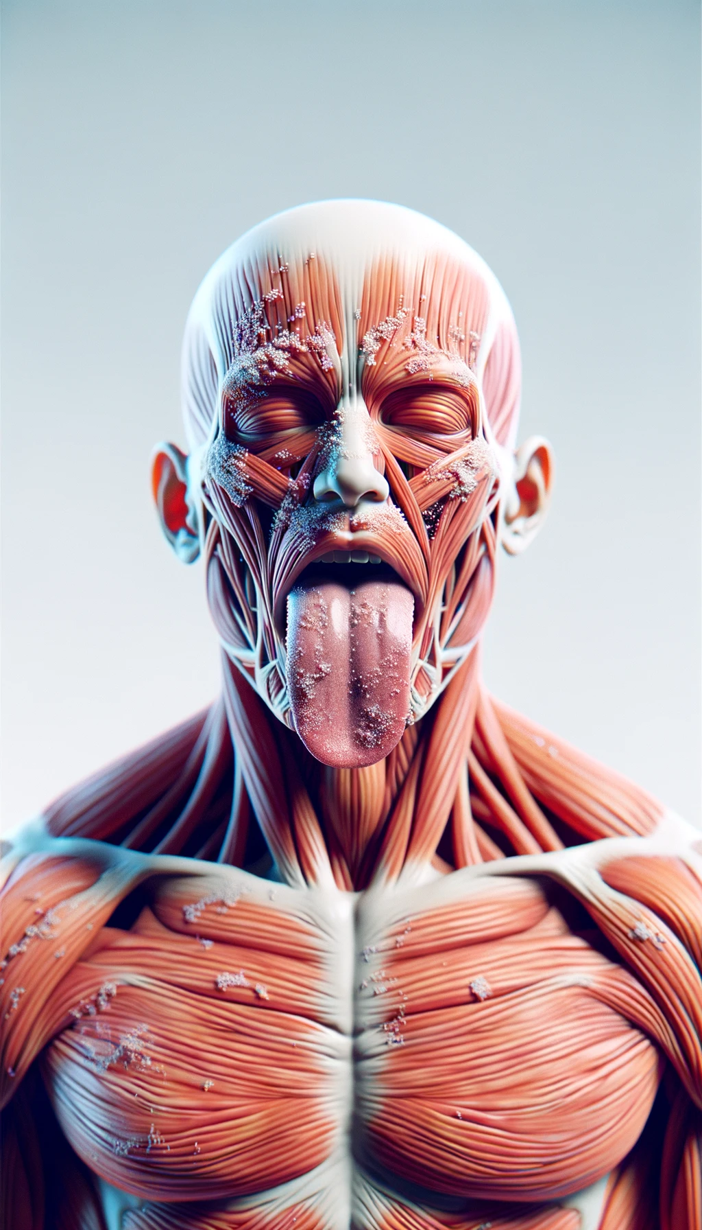 CORPO UMANO ANATOMICO IN PIEDI FRONTALMENTE CHE TIENE LA LINGUA UN PO' FUORI ED è PIENA DI MACCHIE BIANCASTRE, NEUTRAL CLEAR BACKGROUND, COLORI REALISTICI DEI MUSCOLI, iperrealistico 4k emoji