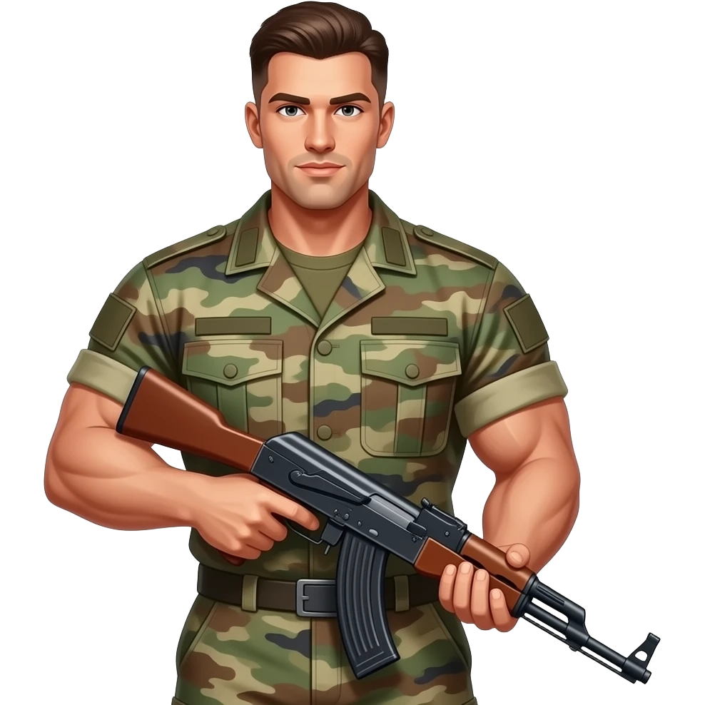 Super buff guy in army uniform holding a AK 47 emoji