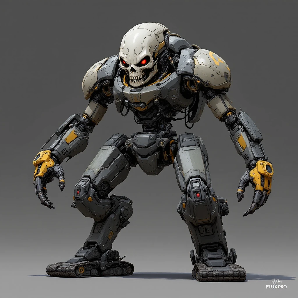 Edit the four-armed skull-headed mech to have no hips or legs. Replace the bottom half with a heavy tank tread vehicle chassis as shown in the reference images. Keep the upper body mean and dangerous, consistent with the Flux Pro style. emoji