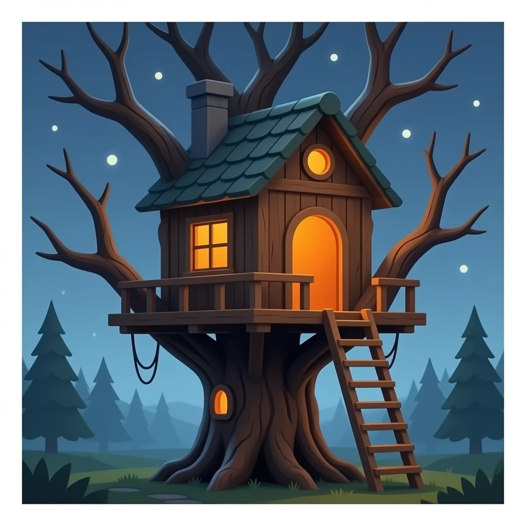 A treehouse built on a thick, decrepit tree. An orange glow illuminates the windows of the treehouse from the inside emoji