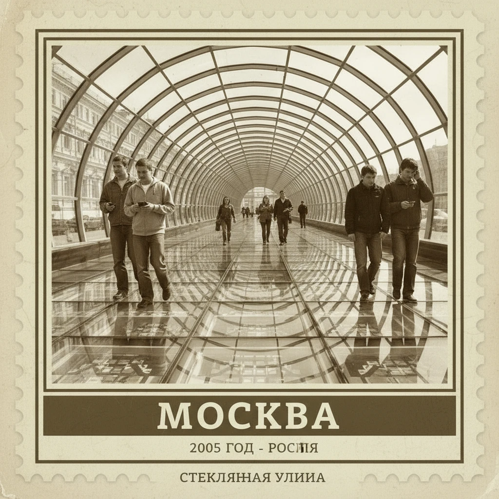 Полностью стеклянная улица в Москве (сверху также накрыта стеклянными арками), по которой гуляют люди, машин нет. 2005 год.

Стиль - фотореализм.

Стилизуй под марку с фото emoji