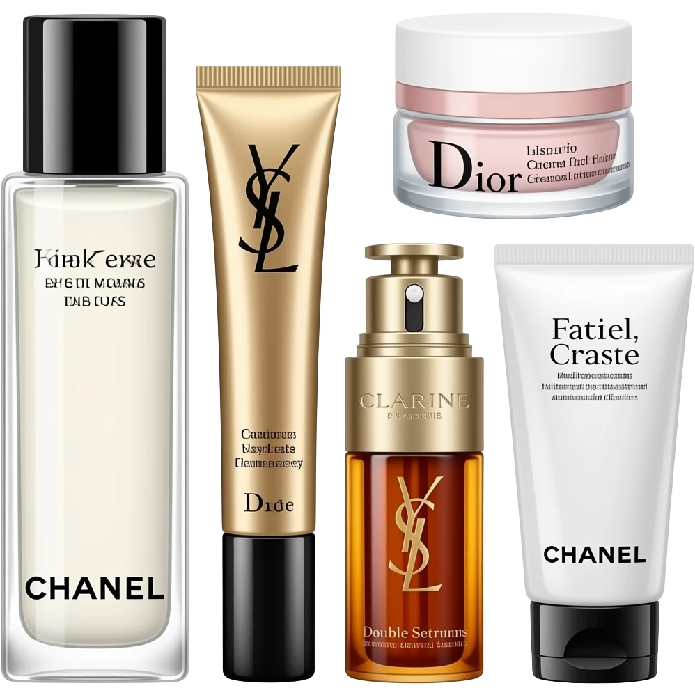 A collection of Chanel toners and lotions, YSL eye creams and sheet masks, Dior face creams, Clarins Double Serum, and Chanel facial cleansers emoji