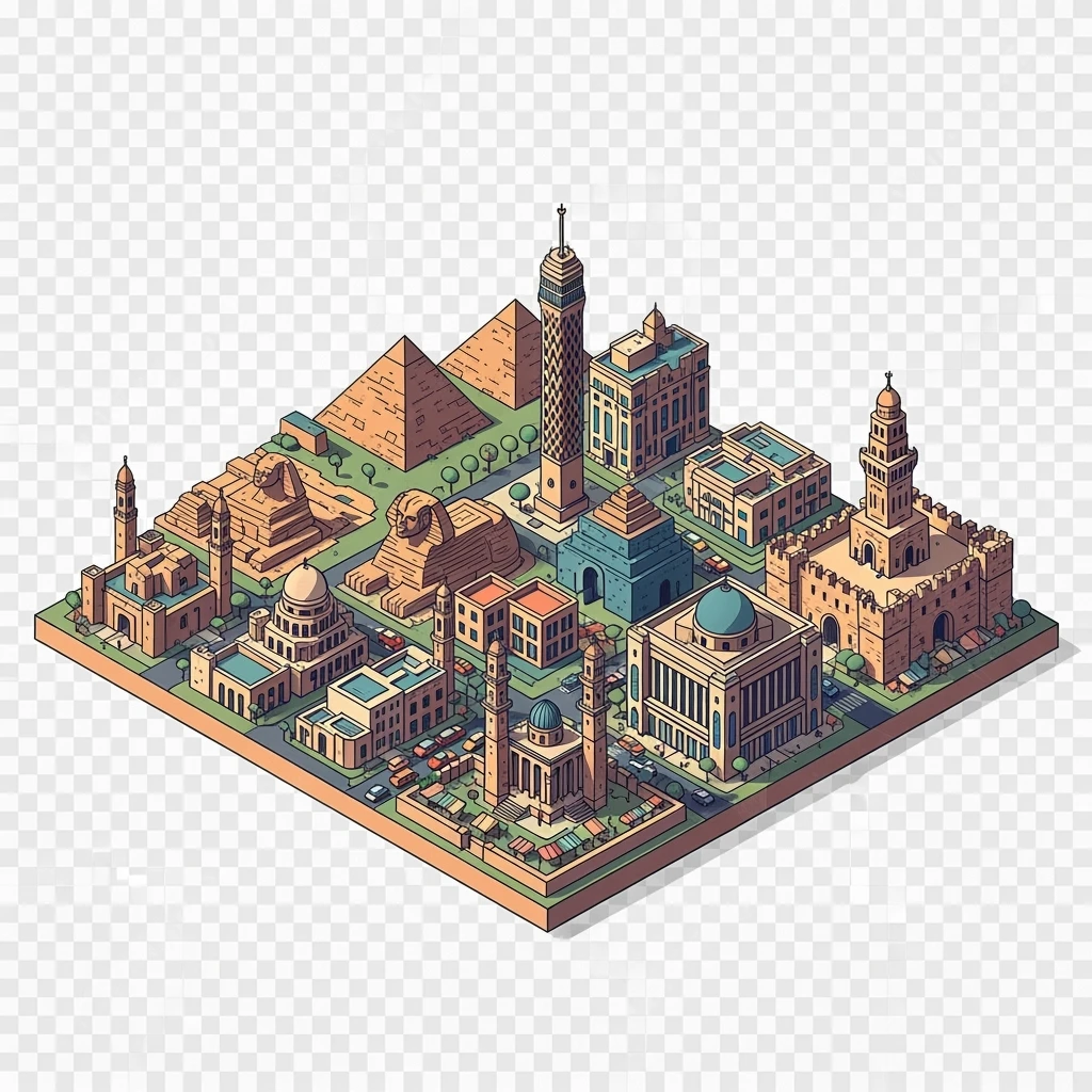 Isometric minimalistic illustration of Cairo, subtle 3D miniature effect and Tilt Shift effect, no cartoonish look, transparent background. emoji