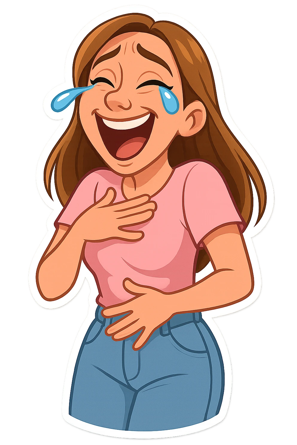 3D cartoon sticker, DreamWorks style of a 30-year-old woman with long light brown hair below shoulder blades, fair skin, large expressive blue eyes, slight bump on nose, wearing a pastel pink t-shirt and light blue mom jeans, laughing to tears, soft light, white sticker outline emoji