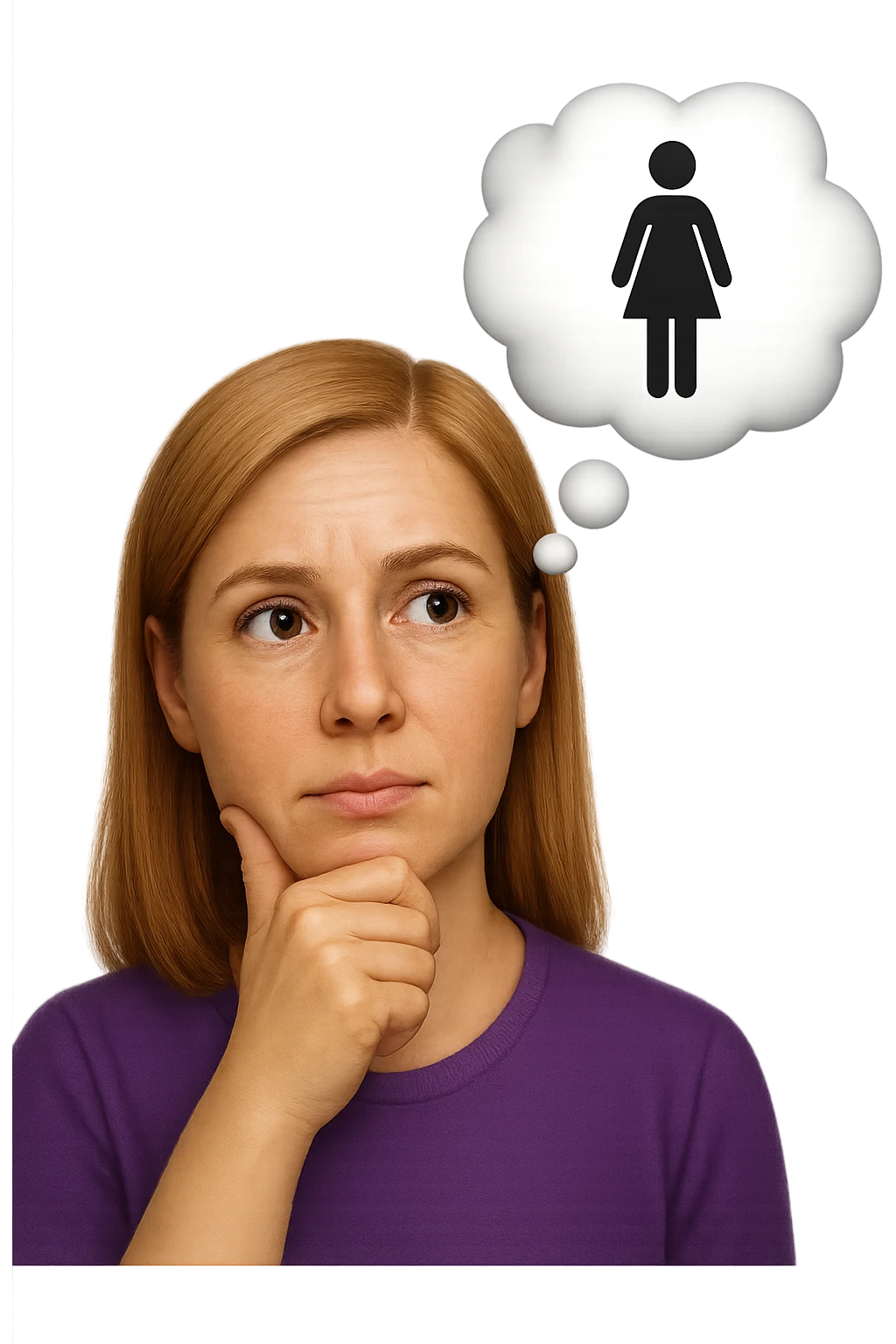 emoji stile iphone di una donna con nuvoletta di pensiero con all'interno la toilet per donne, iperrealistico 4k emoji