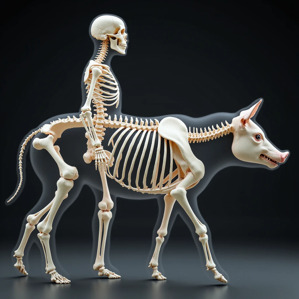 profile view of human and pig, transparent overlay of skeletons showing similarity of main bones, illustrative hyperrealistic 4K style emoji