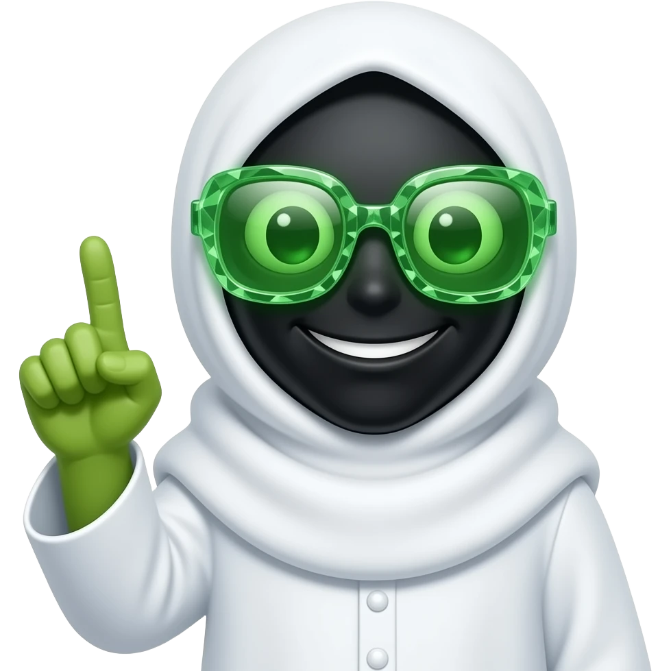 Green Alien smiley teeth  face with black with green crystal sunglasses and Muslim white cloths and pointing his finger up emoji