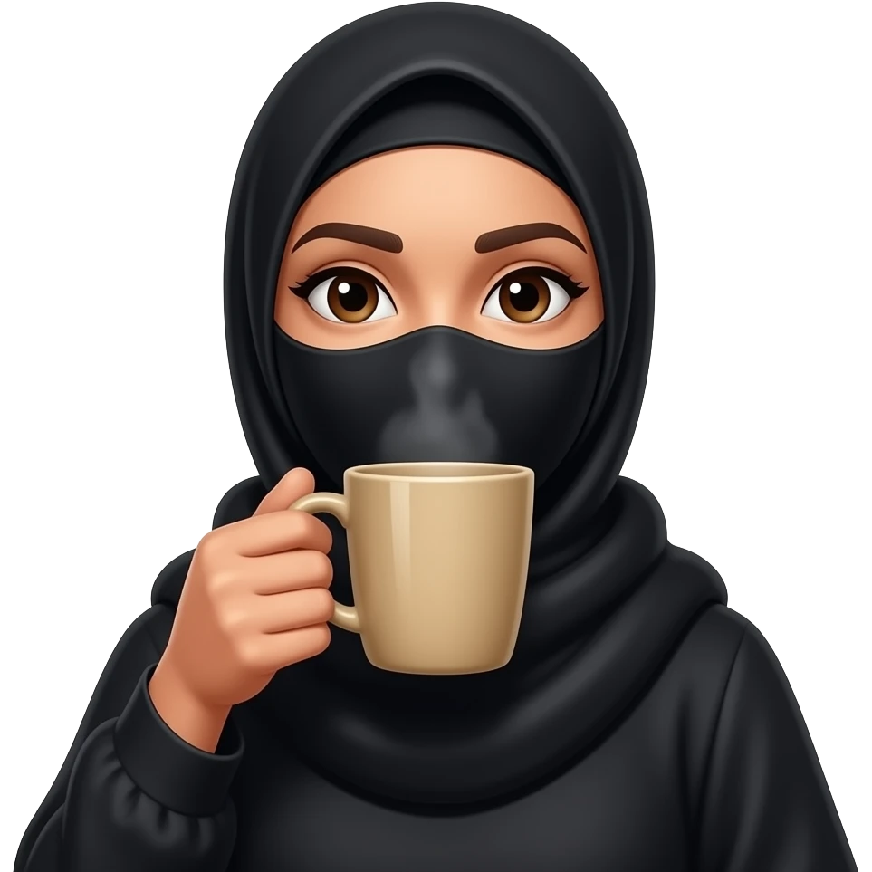 create me a hijabi with coffee wearing black and she’s covering her face with the coffee cup and  and the coffee cup to be beige emoji