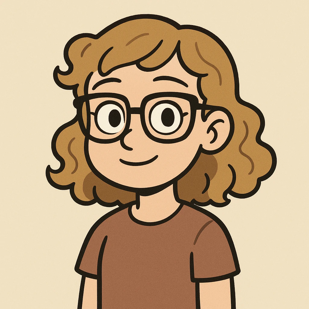 cartoon avatar of a young girl with dark blonde curly hair, black glasses, brown eyes emoji