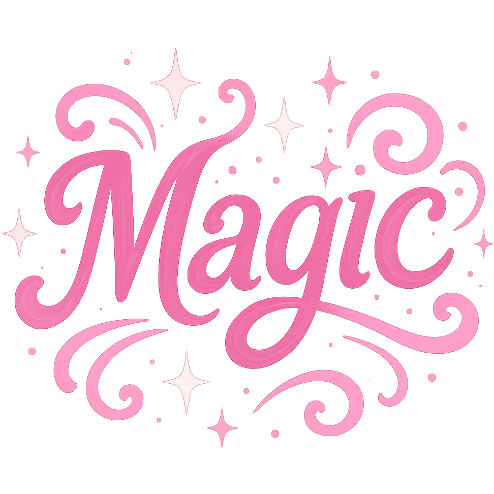 the word 'magic' in a creative, pink-themed style, no background emoji