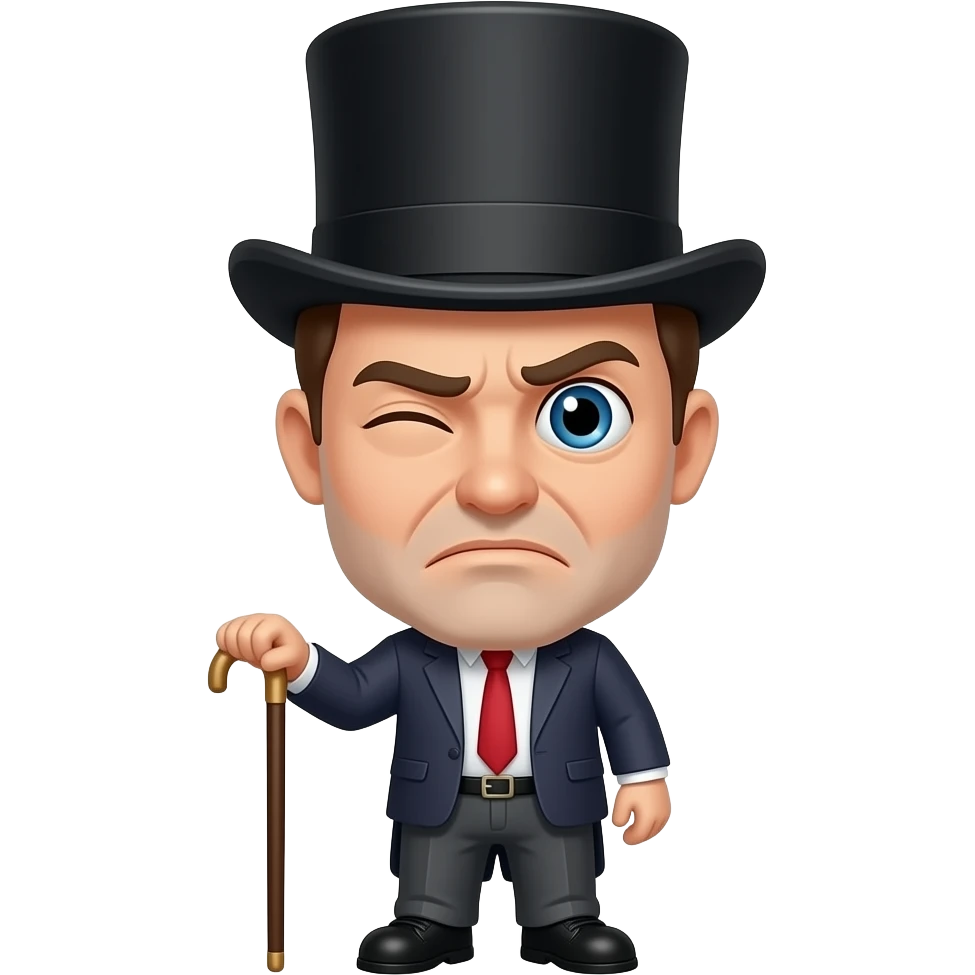 Start with top hat and cane frowning and blinking his eye emoji
