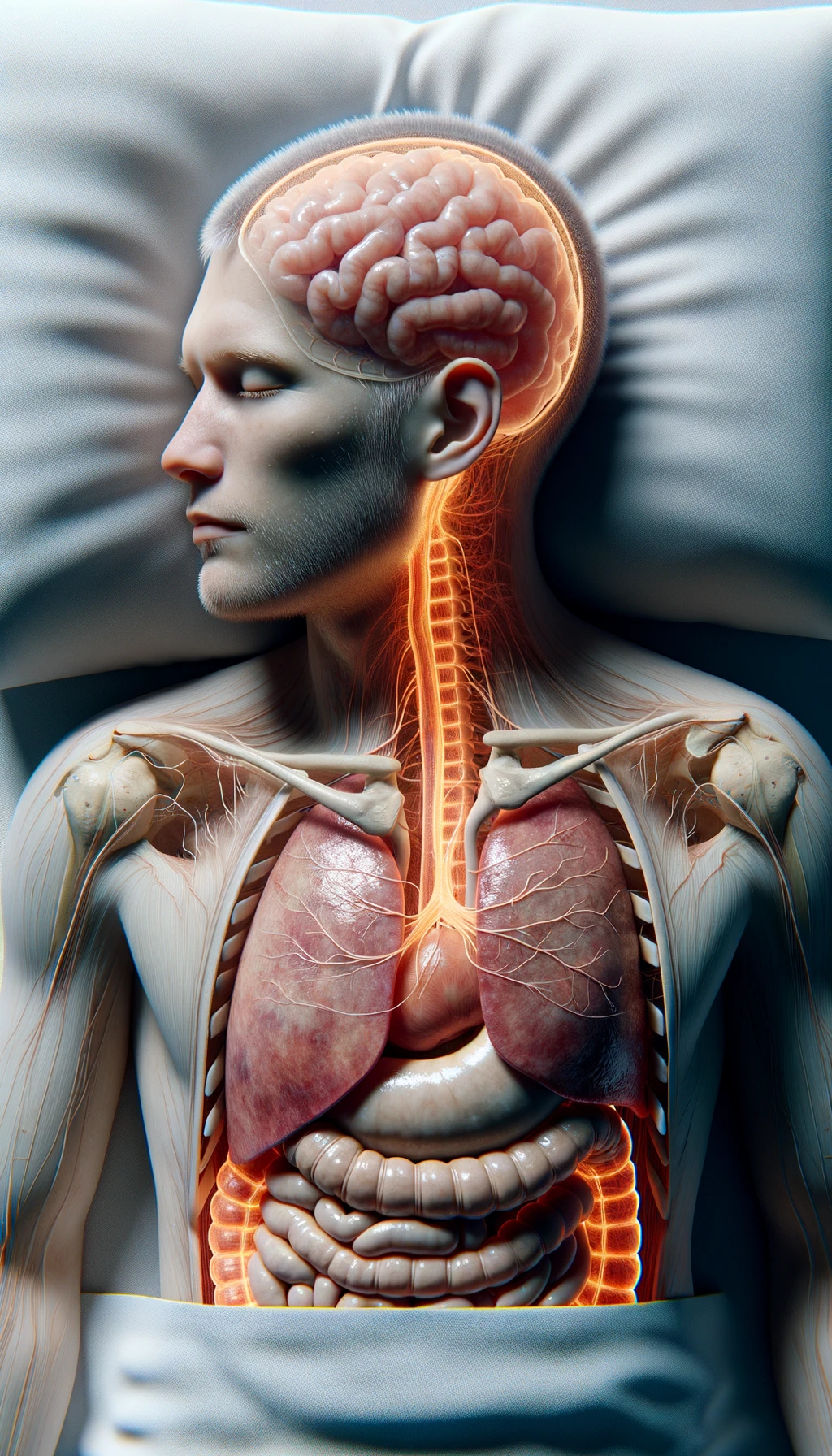 corpo umano anatomico con intestino in evidenza con la testa sul cuscino e gli occhi chiusi perché sta dormendo, visto dall'alto, iperrealistico 4k, isolato su sfondo bianco emoji