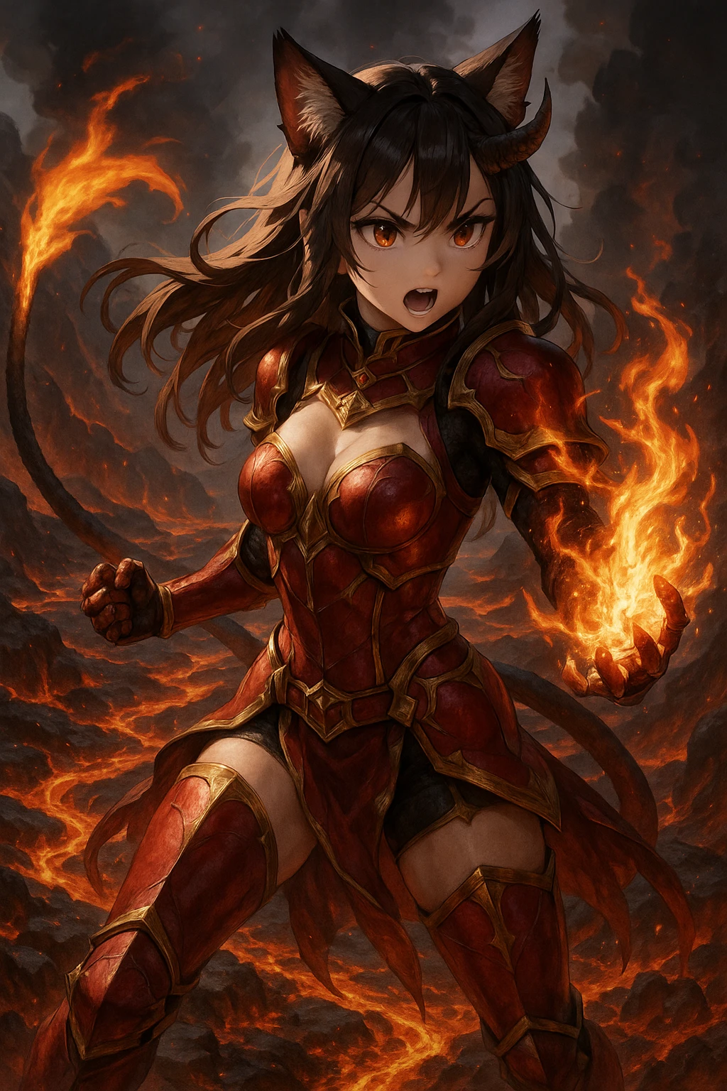 realistic anime catgirl devil with fire magic, flaming tail, red and gold armor, volcanic landscape emoji