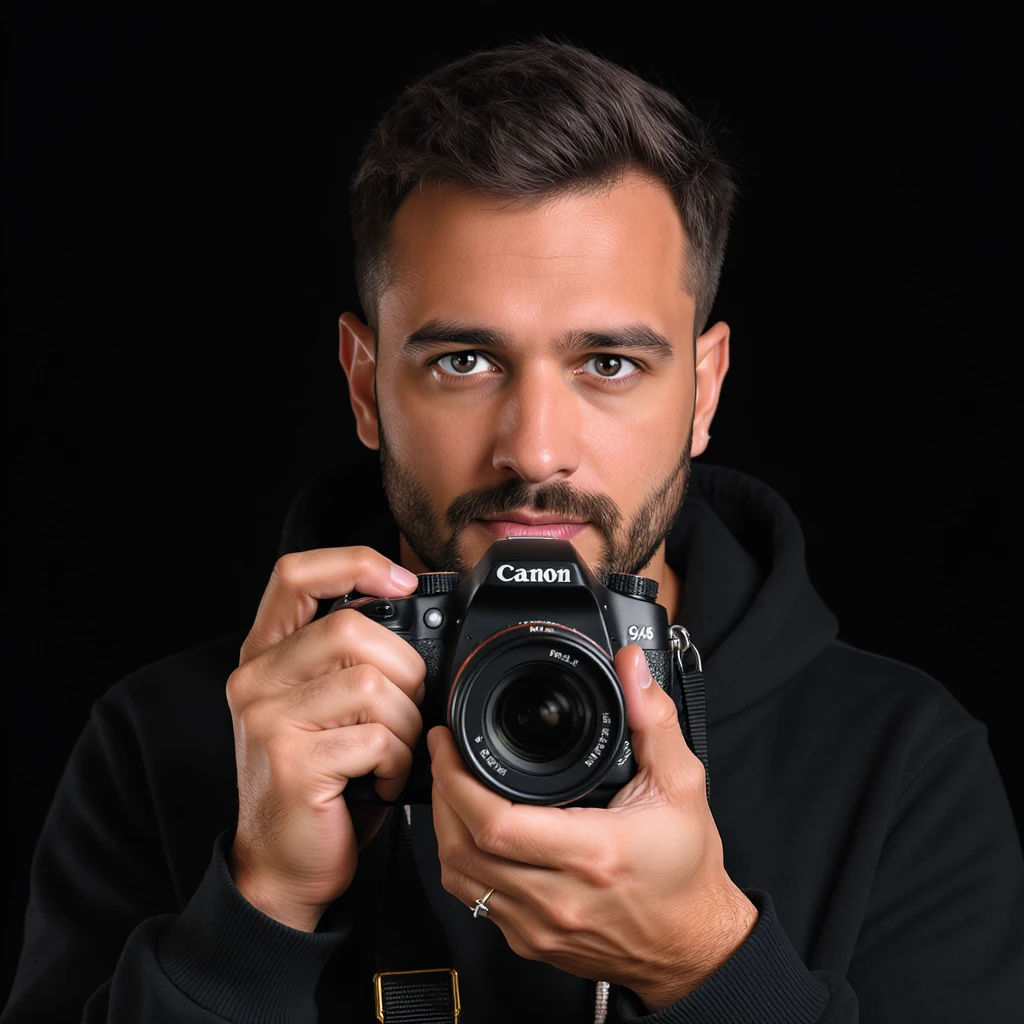 realistic portrait of a photographer posing with camera, studio quality, close up emoji