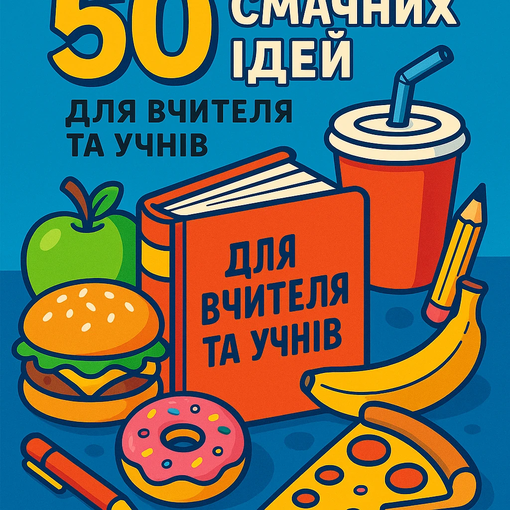 Обкладинка посібника з текстом українською мовою: «50 смачних ідей для вчителя та учнів». Мультяшний стиль, композиція з книжкою, їжею та шкільними предметами, яскраві кольори, позитивний настрій. emoji