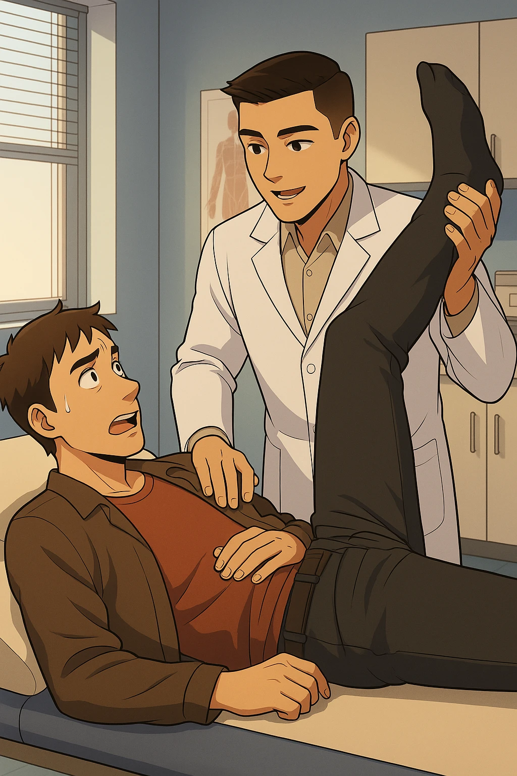 fai un webtoon manga a colori con questo stile, in cui un uomo è steso sul lettino medico e il kinesiologo con il camice bianco (fagli anche la scritta "ANTONIO ANANIA" SUL CAMICE, gli solleva una gamba per fargli il test neuromuscolare, IL KINESIOLOGO SPIEGA ALL'UOMO UNA cosa mentre gli alza la gamba. non fare i fumetti però, fai solo in modo che sembri stiano parlando emoji