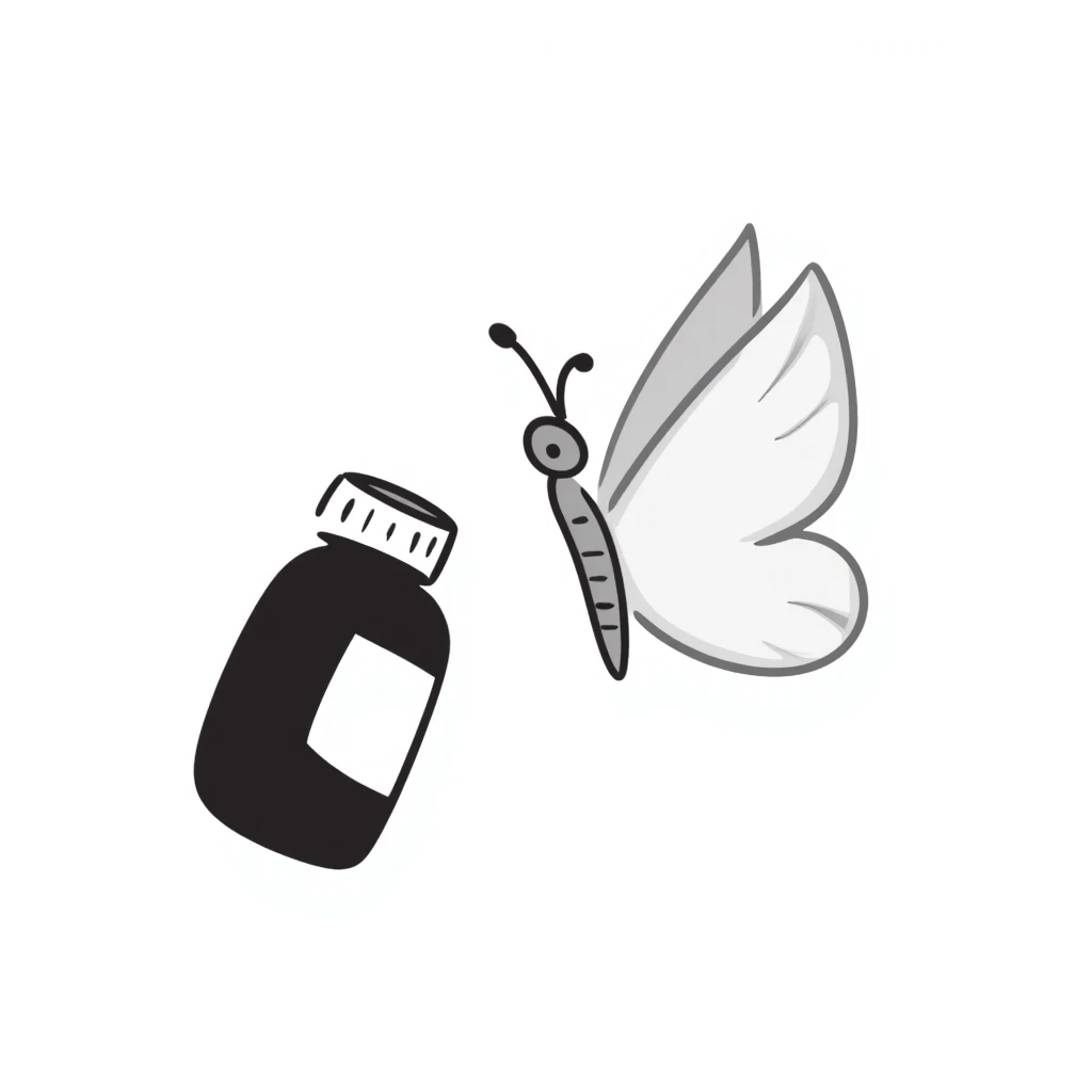 Small dark brown bottle with white cap floating next to a bright translucent butterfly-shaped thyroid icon, representing connection with metabolism and hormonal system emoji