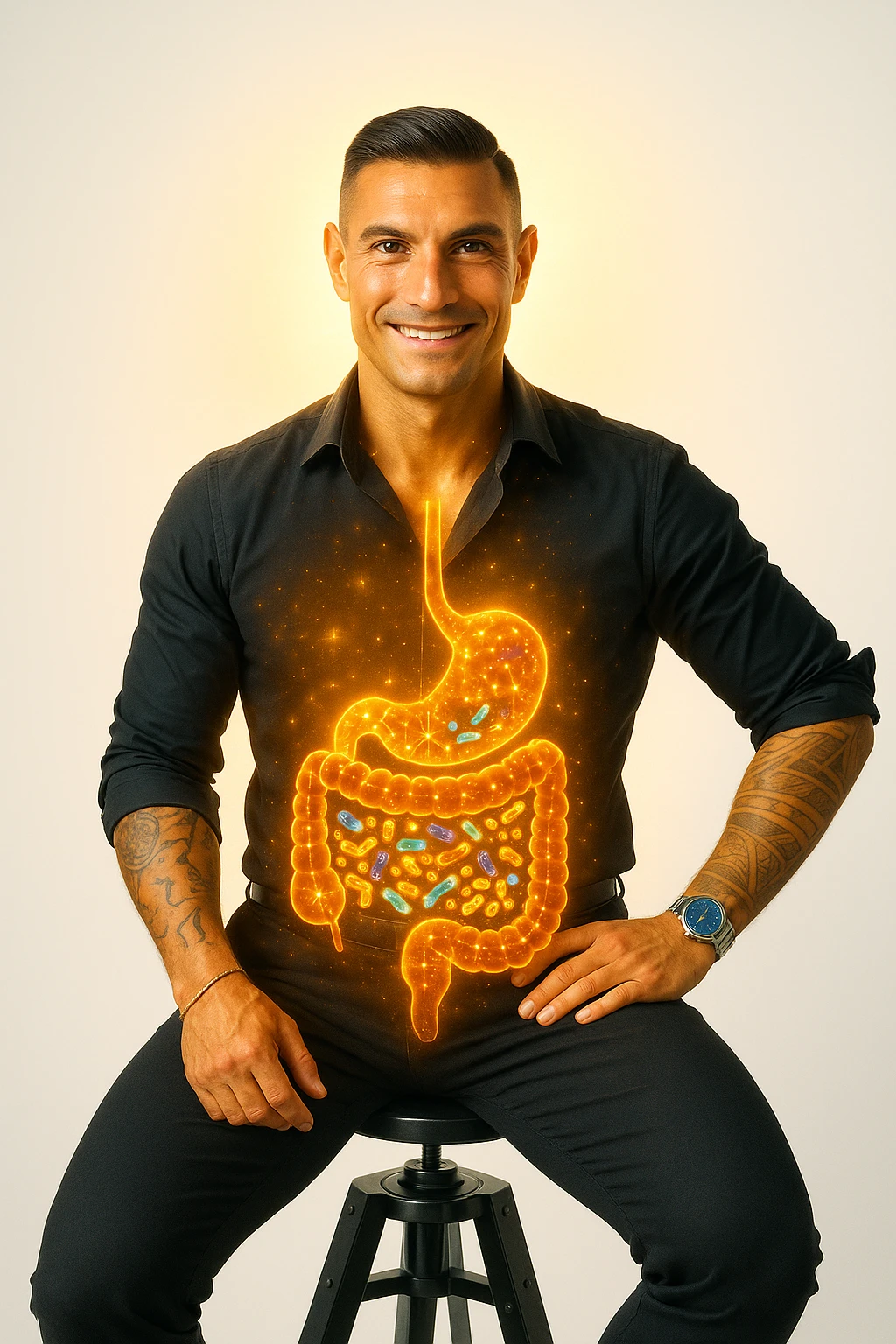 Radiant man with transparent digestive system showing diverse, thriving gut bacteria colonies in perfect balance, beneficial microorganisms glowing like constellation patterns throughout intestines, expression of optimal health and vitality, digestive tract functioning as harmonious ecosystem, immune system strengthened by microbial diversity, energy levels at peak performance emoji