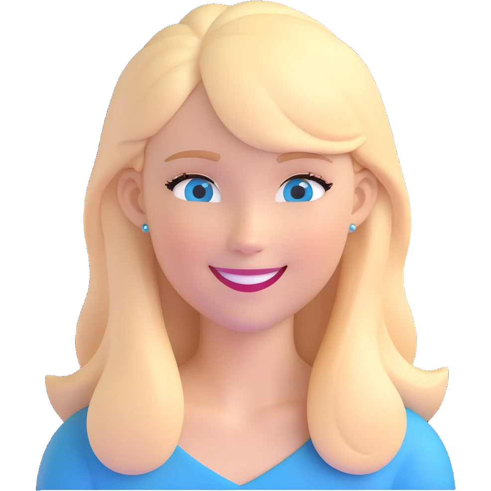 3D emoji of a white girl with blonde hair and blue eyes, smiling emoji