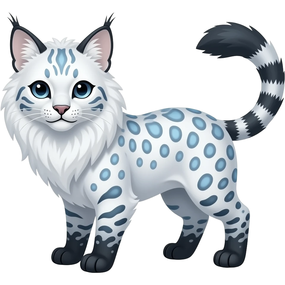 Albino white pastel Realistic patterned marked edgy bluish greyish blackish whitish silvery Shiny Colorful Dusky Dark Glossy Genet-Caracal-Lion-Bobcat-fusion-animal-hybrid-creature, full body, tufted ears, long thin tufted tail emoji